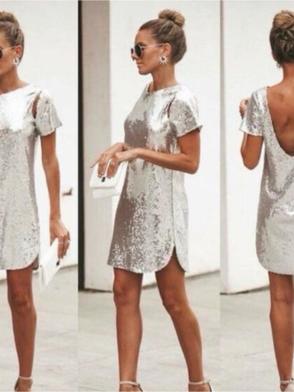 Fate Silver Sequin Mini Shift Dress with Scoop Back